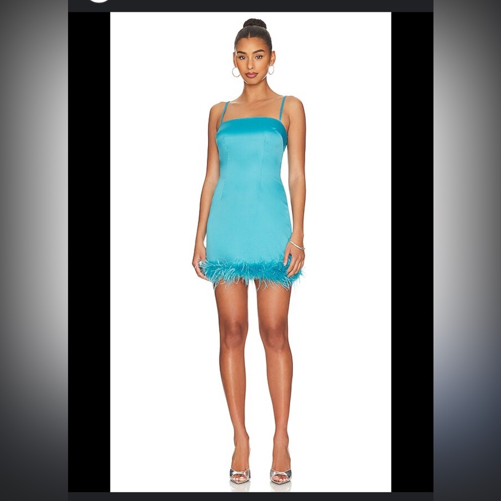 More to Come Blue Satin Slip Dress with Feather Trim NWT